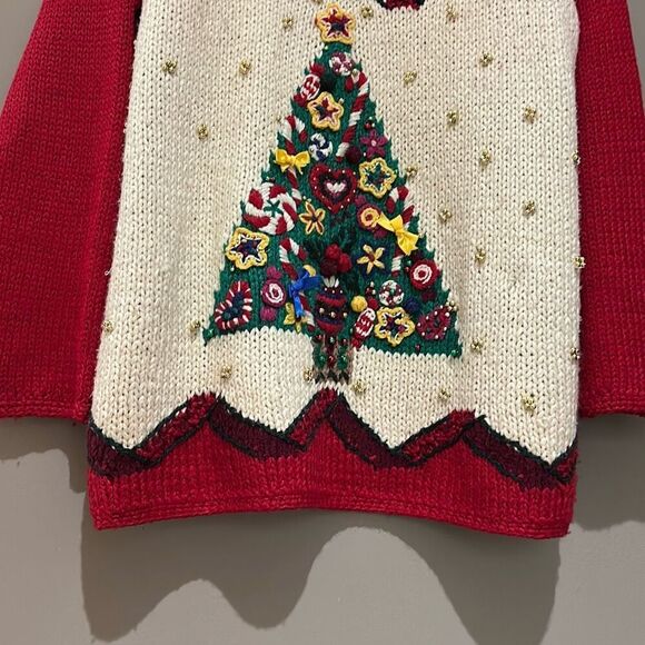 Vintage Adrian Delafield Christmas Tree Sweater Embellishments Gold beads Bulky - Picture 6 of 12